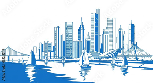 Modern City Skyline with Sailboats on Water.