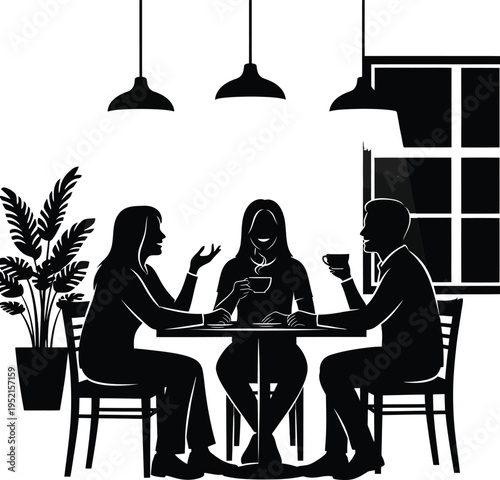 Silhouette of three friends dining and socializing in a modern restaurant
