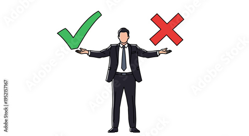 A businessman holding a green checkmark in one hand and a red cross in the other, symbolizing a decision between correct and incorrect options or success and failure