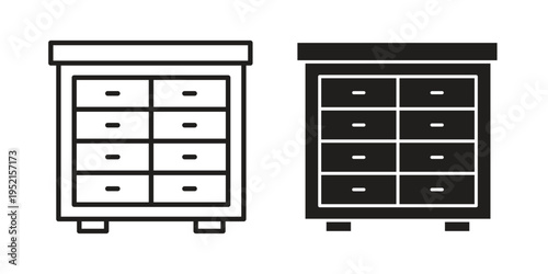 Chest of drawers icon clipart symbol isolated on white background. Flat and stroke designs.