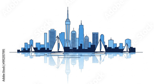 Modern City Skyline with Sailboats and Reflections.