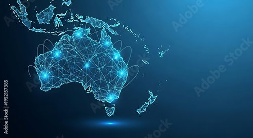 Futuristic low poly wireframe technology illustration of australia with neon blue digital mesh and network connection background