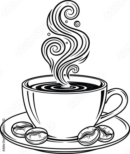 Steaming cup of coffee on a saucer