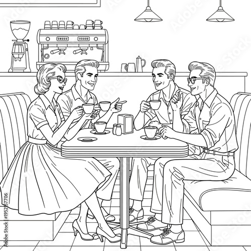 Vintage diner scene with four people sitting at a table