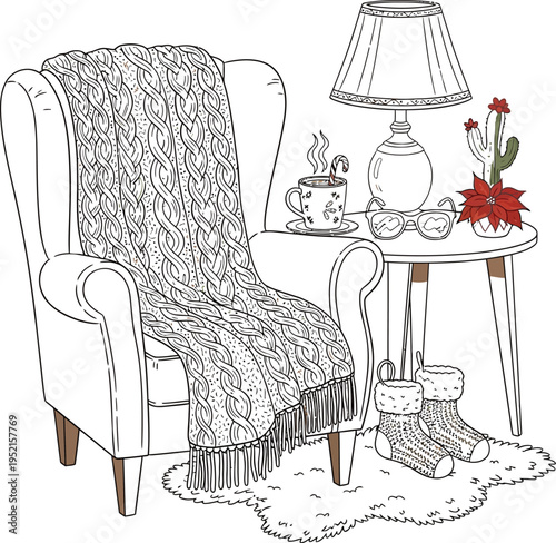 Cozy living room with wingback chair and side table