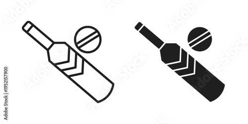 Cricket bat and ball icon clipart symbol isolated on white background. Flat and stroke designs.