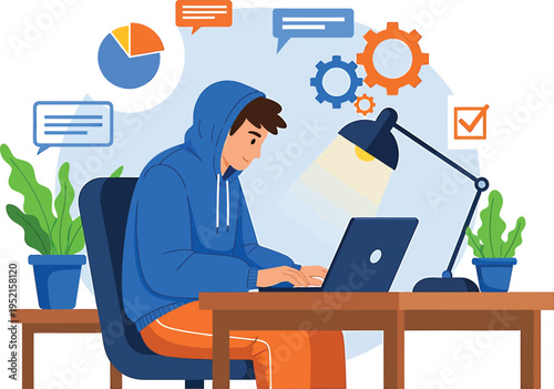 Man working on laptop at desk with desk lamp