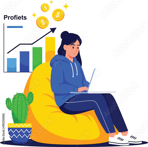 Woman working remotely with growth chart and money