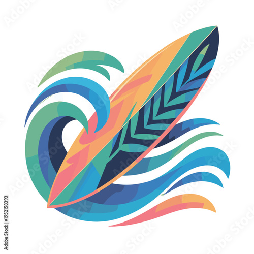 A vibrant surfboard rides the wave.