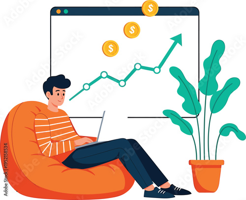 Man working remotely with growth chart and money