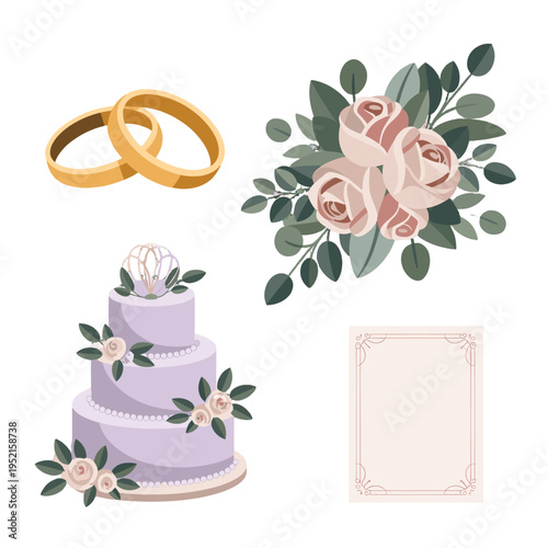Wedding elements: rings, cake, flowers, and invitation card.