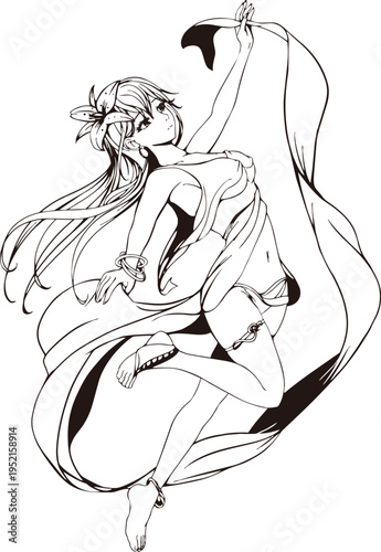 優雅に踊る天女・踊り子・アメノウズメのシンプルな線画イラスト