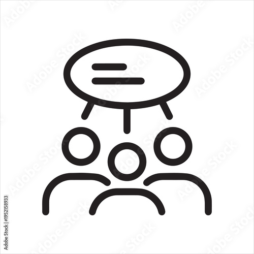 Collective learning, group knowledge, teamwork, workshop outline icon. Line sign group of three people thinking together. Vector isolated pictograms on white background editable stroke.