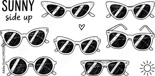 Hand drawn sunglasses silhouette set, retro cat eye and round sun glasses icons, summer fashion eyewear doodles on white background.