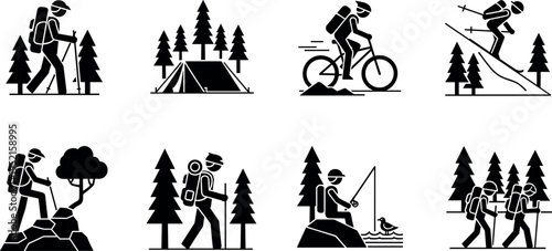 Black silhouette set of outdoor adventure icons featuring hiking, mountain biking, camping, skiing, fishing, and trekking people in the forest.