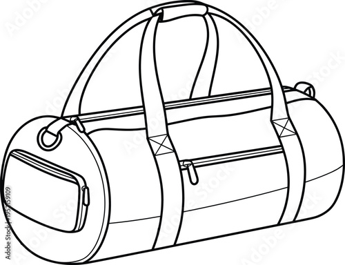 Flat vector cylindrical duffel bag illustration, fashion travel accessory sketch