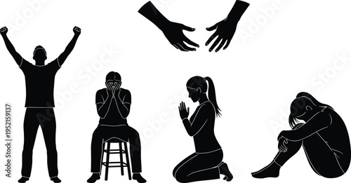 Silhouette figures expressing emotions of sadness, prayer, introspection, and triumph with symbolic helping hands representing support, spirituality, and human connection