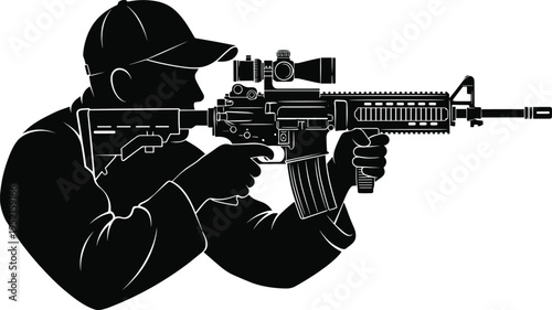 Silhouette of person aiming tactical rifle with scope, foregrip, and magazine, showcasing firearm stance, shooting posture, and military training design