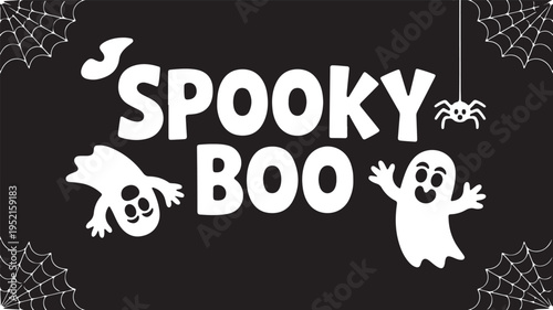 Spooky Boo Halloween Graphic with Ghosts and Spiders, Perfect for Seasonal Decorations and Invitations