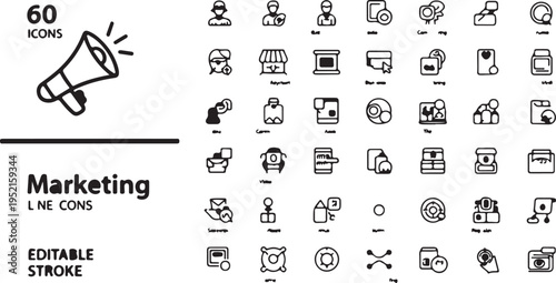 A Collection of 60 Marketing Line Icons for Business and Advertising Purposes, Featuring Concepts Like Social Media, Analytics, and Promotions