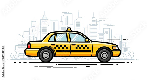 Yellow taxi cab in front of city skyline illustration