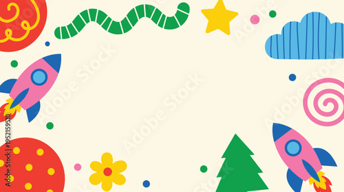 Cute Kids Outer Space and Nature Elements Frame Background Vector