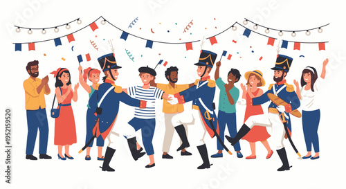 Illustration of a diverse group of people dancing with French Revolution soldiers under colorful bunting on a white background with a festive mood.