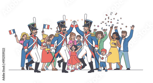 Illustration of a diverse group of people celebrating with French soldiers waving flags in a colorful flat design style against a clean white background.