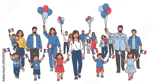 Diverse group of people of all ages holding French flags and balloons in a festive atmosphere with a patriotic mood.