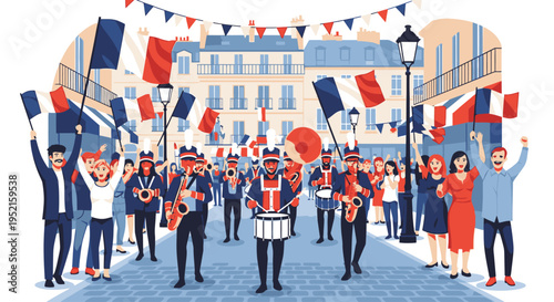 Illustration of a lively crowd celebrating on a city street with red, white, and blue flags and bunting in a festive atmosphere.