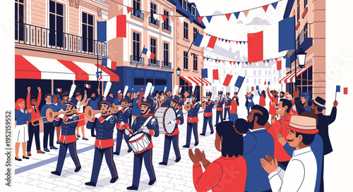 Illustration of a marching band performing on a festive street with a diverse crowd and French flags in a vibrant, celebratory atmosphere.