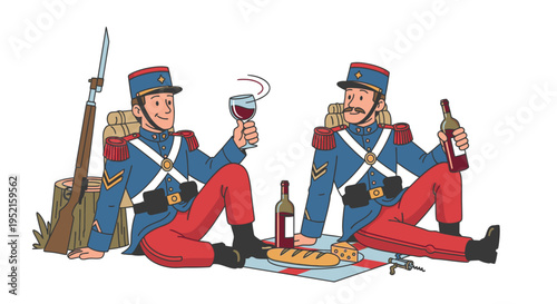 Two cartoon soldiers in blue uniforms sitting on the ground, enjoying wine and pizza on a blanket with a rifle nearby, against a plain white background.