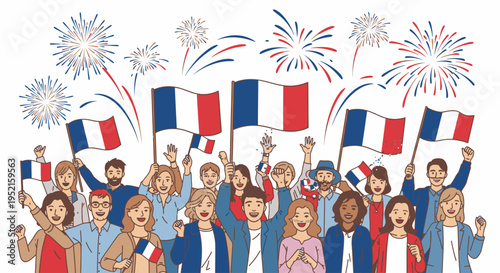 Illustration of a diverse crowd of people waving French flags and celebrating with fireworks in the background on a white backdrop with a festive mood.