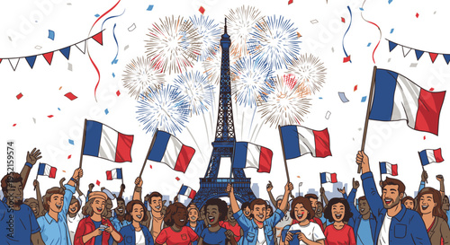 Illustration of a diverse crowd celebrating with French flags and fireworks behind the Eiffel Tower on a white background with red blue and white decorations.