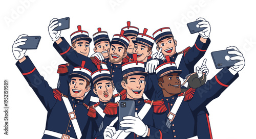 A diverse group of cartoon military personnel taking selfies with smartphones, wearing blue uniforms with red and white accents, on a plain white background.