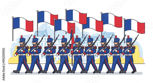 Illustration of French soldiers marching in formation with rifles and waving flags in a flat graphic style against a white background.