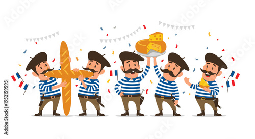 Cartoon illustration of four men in striped shirts celebrating with a large baguette and cheese on a white background with colorful confetti and flags.