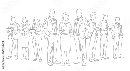 A group of professionals standing together holding tablets, signifying collaboration and modern business practices