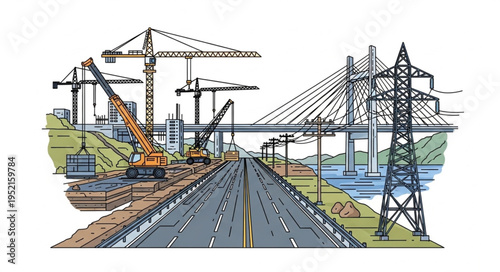 Construction of infrastructure including roads bridges and power lines.