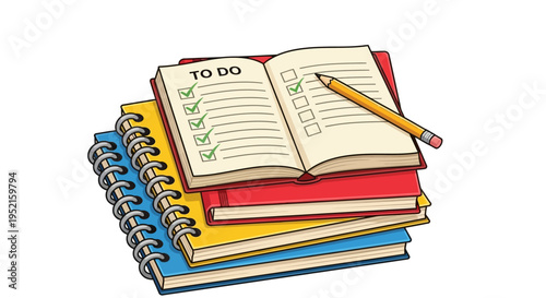 Colorful stack of spiral notebooks with to do list and pencil