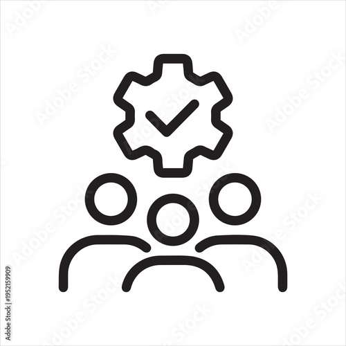 Teamwork development, team training, crm system outline icon. Line sign group of three people with a gear. Vector isolated pictograms for web on white background editable stroke.