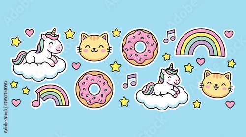 Cute Kawaii Unicorn Cat Donut and Rainbow Sticker Vector Set