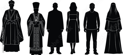 Collection of six clothing silhouettes featuring traditional Asian, Orthodox clerical, monk robe, modern Western fashion, casual attire, and Middle Eastern garment