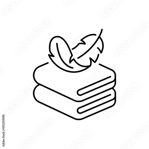 Bath towel with feather icon set. Folded towels soft, gentle, fluffy for hotel, spa, kitchen, bathroom. Stacked textile fabric icons. Suitable for sensitive skin, all skin type. Vector Illustration.