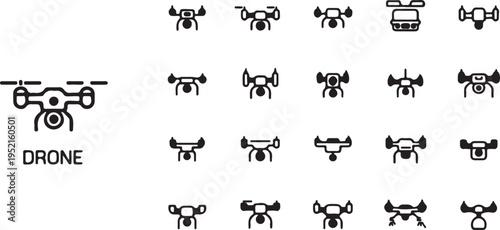 A Collection of Minimalist Drone and Quadcopter Icons, Perfect for Technology and Aviation Projects