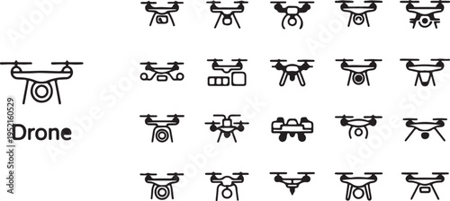 A diverse collection of minimalist line art drone icons, perfect for modern technology, aerial photography, and unmanned vehicle concepts