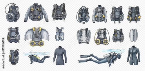 Collection of diving equipment and scuba gear for underwater exploration and recreation.
