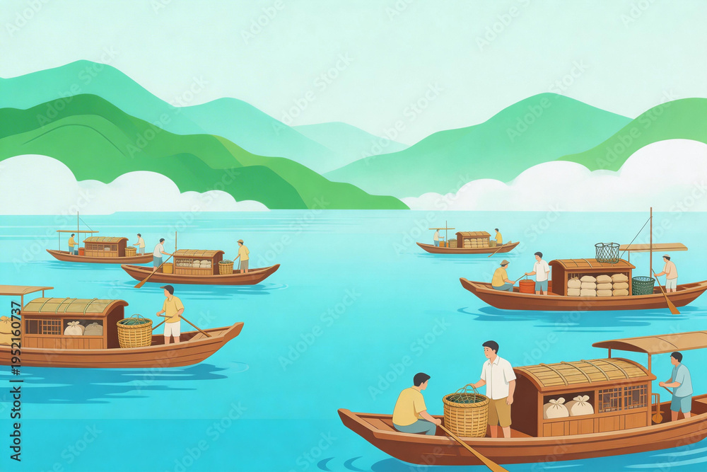 Fototapeta premium Boats with People on Calm River in Mountainous Area