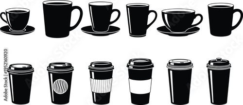 Collection of twelve coffee cup silhouettes featuring ceramic mugs with saucers and disposable takeaway cups with lids, showcasing diverse beverage designs