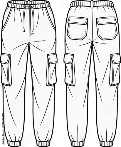 Cargo jogger pants front and back technical fashion flat vector illustration